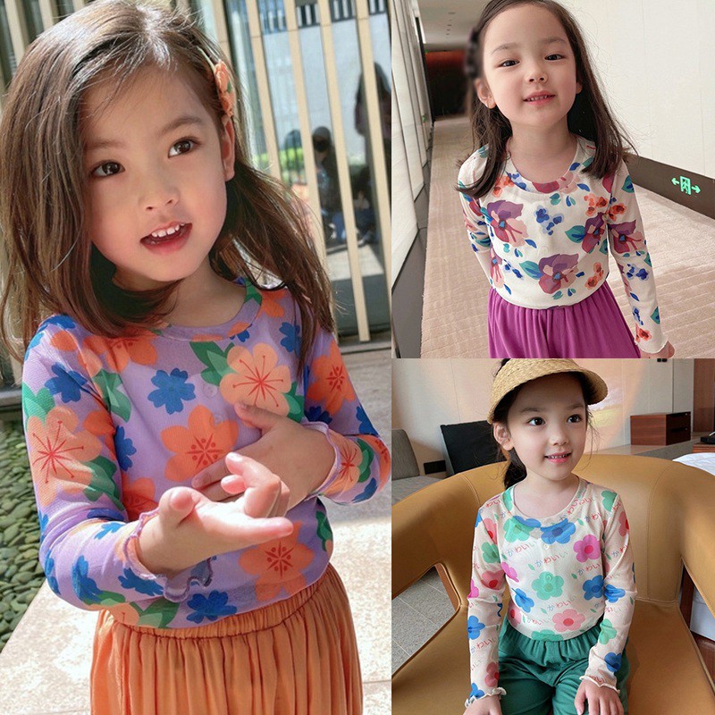 Áo Thun Tay Dài Chống Nắng Thoáng Khí In Hoa Phong Cách Phương Tây Cho Bé