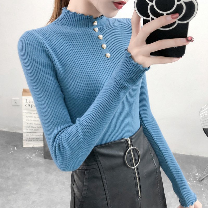 Áo Len Nữ Dáng Ôm Nữ Tính Kiểu Áo Len Đính Nút Nhún Cổ Và Tay - Thời Trang Thu Đông 2162