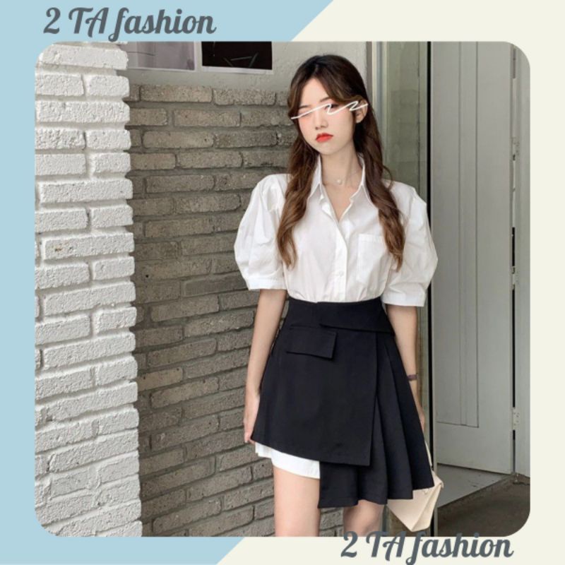 (sẵn size L,XL ) set áo sơ mi tay ngắn chân váy cạp cao phong cách trẻ trung năng động mẫu mới 2021