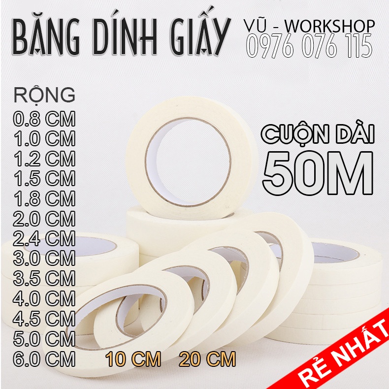 Băng Dính Giấy - Cuộn Dài 50m Chặn Màu Nước, Màu Acrylic, Băng Keo Che Sơn, Chịu Nhiệt Và Cố Định Giấy