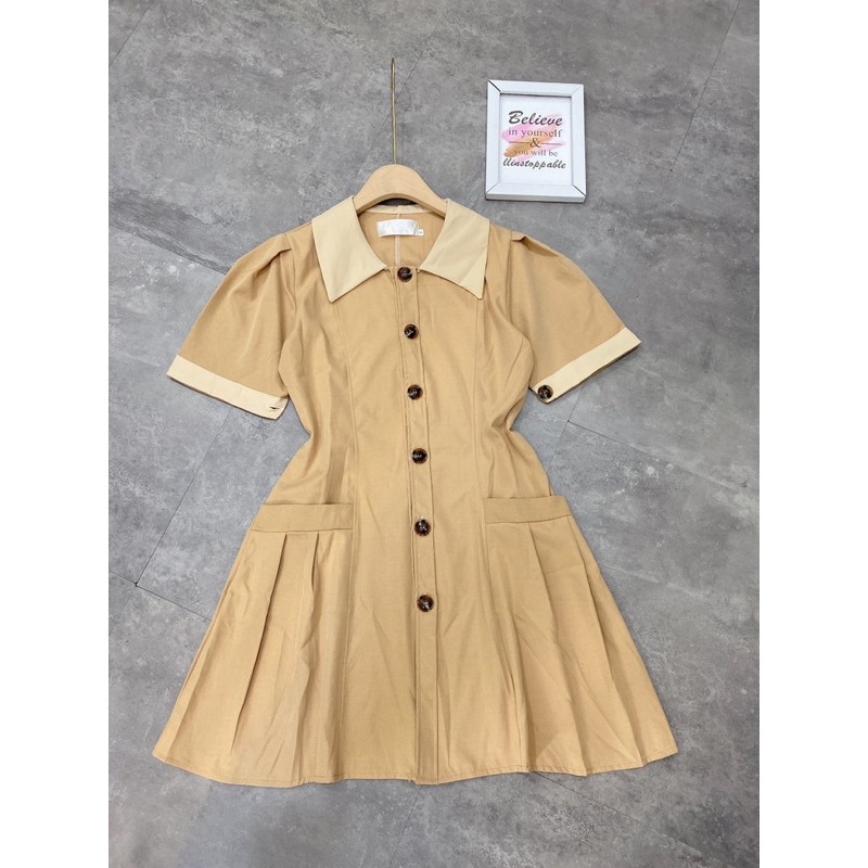 [Hàng Chuẩn] Váy Kaki Cổ Đức Nâu Tay Cộc Túi Bên Siêu Xinh Có Ảnh Thật Kèm Video | BigBuy360 - bigbuy360.vn