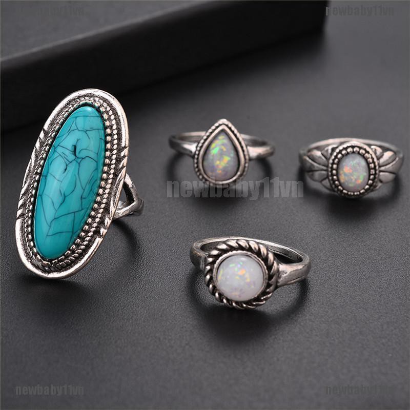 Set 8 Nhẫn Bạc Đính Đá Opal Ngọc Lam Phong Cách Bohemian