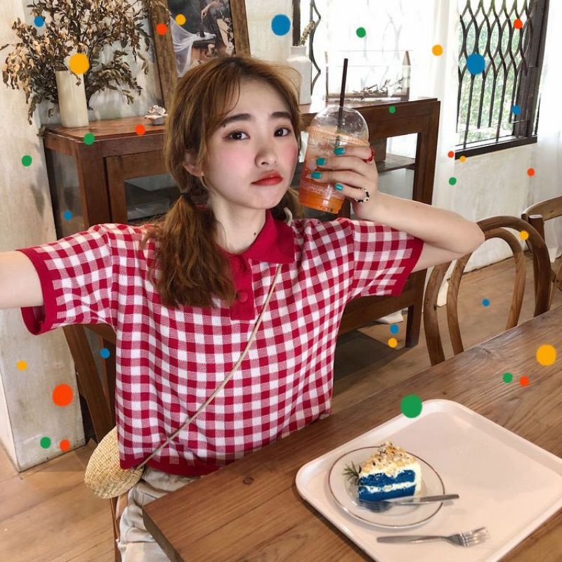 Áo Thun Nữ Sọc Caro Tay Ngắn Cute