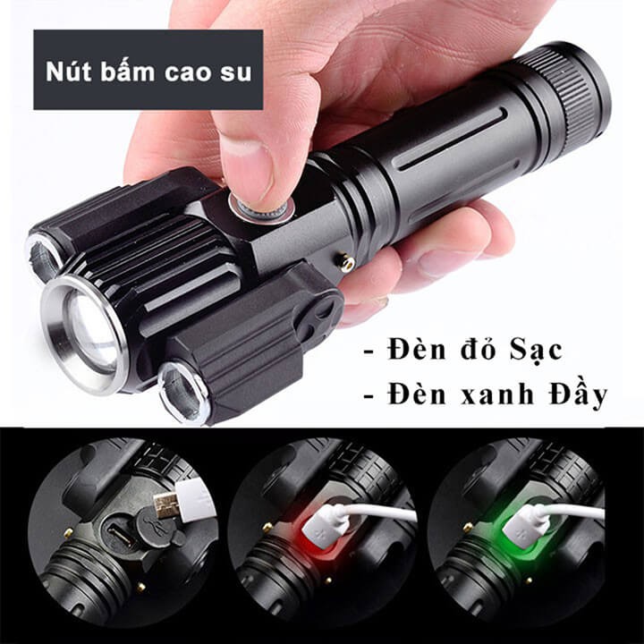 Đèn pin cầm tay 3 bóng siêu sáng pin 18650 dung lượng 4000mAh xoay 360 độ