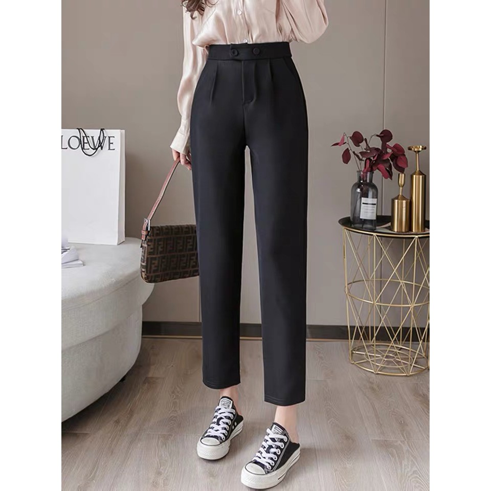 Quần tây nữ công sở cạp cao ống đứng - 2 cúc bấm lệch - chất tuyết mưa chuẩn form