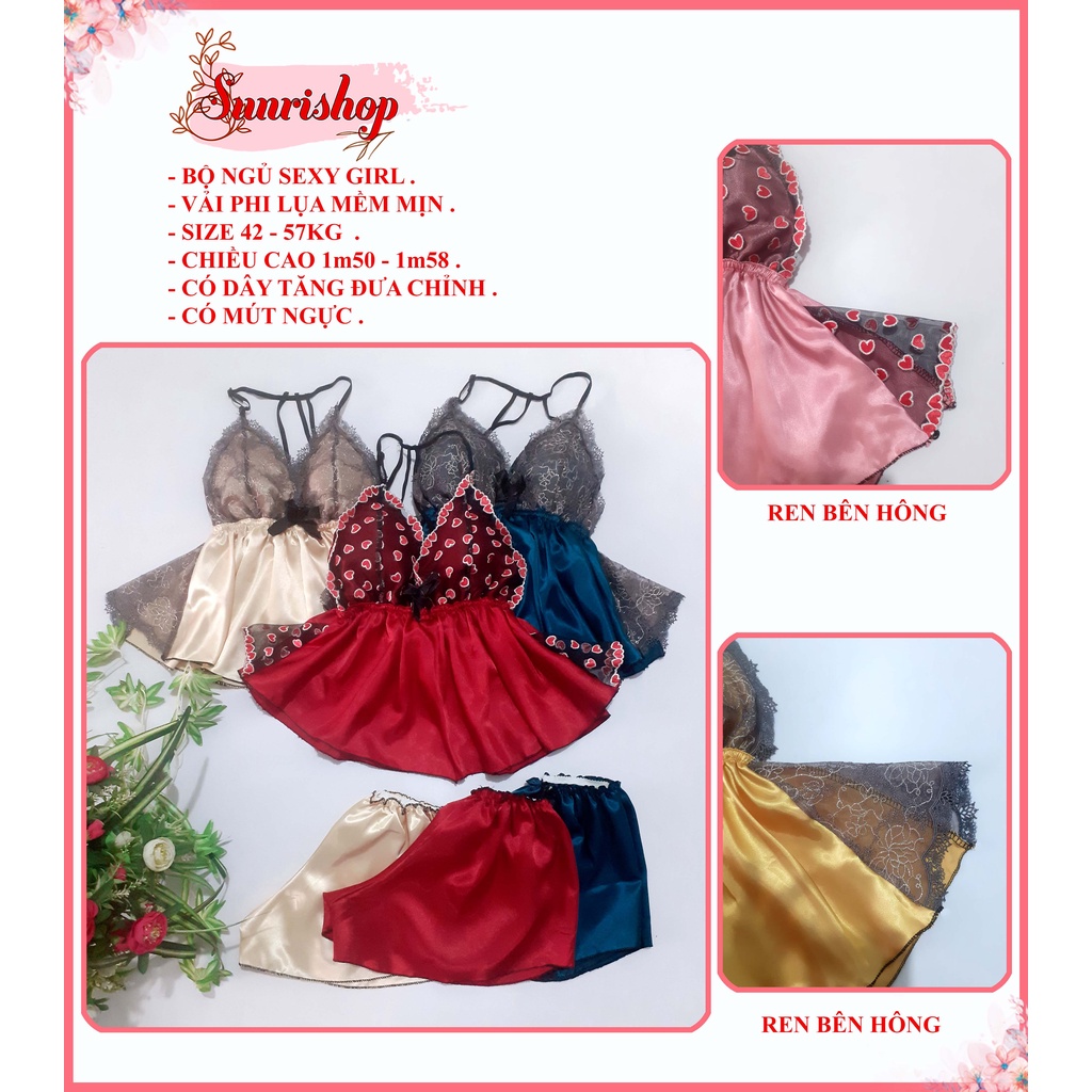 Bộ Ngủ Sexy Quyến Rũ Sunri Shop , Bộ Ngủ Nữ Chất Liệu Phi Lụa Áo Có Mút Ngực Ren 2 Bên Hông Freesize 57kg Trở Xuống.