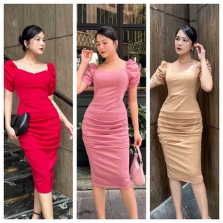 Đầm body xếp ly ngang tay phồng hàng cao cấp TẶNG KÈM HOA TAI THỜI TRANG