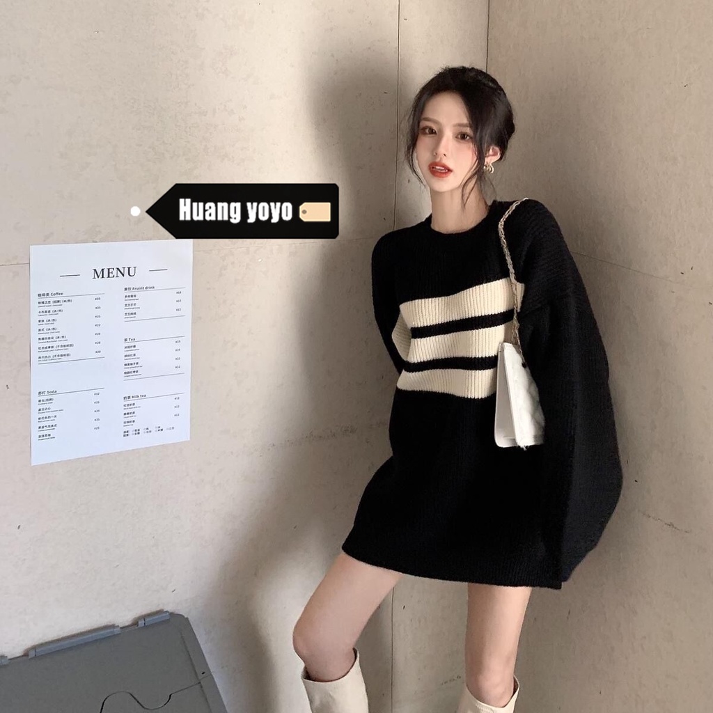 HUANG YOYO Áo croptop Áo len nữ dài tay cổ tròn sọc ngang thời trang Hàn