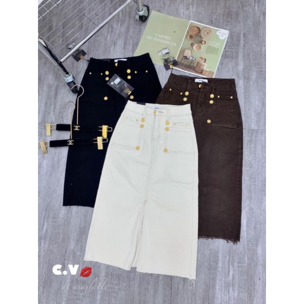 Chân váy jeans dài túi trước đính khuy hàng QCL1