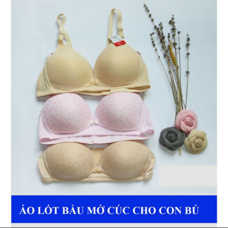 Áo lót bầu chấm bi và cho bé bú sau sinh cúc ngang mở nắp tiện lợi, không ngọng mút mỏng, mịn mát