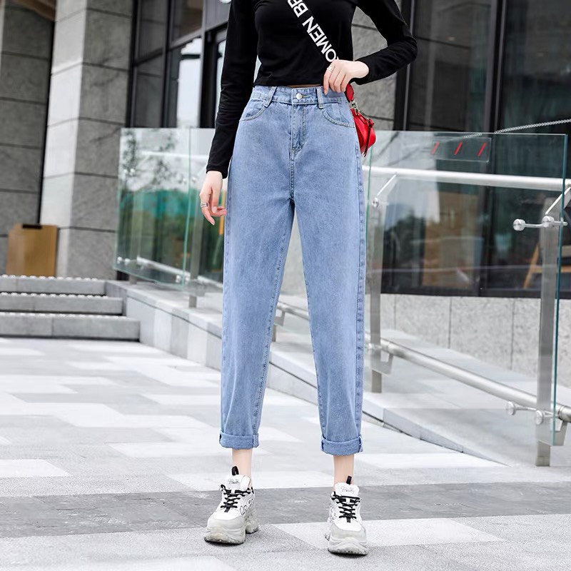 Quần Baggy Jean Nữ Trơn Basic Chất Bò Dày Dặn 2 màu Đen và Xanh Dễ Mặc Dễ Phối
