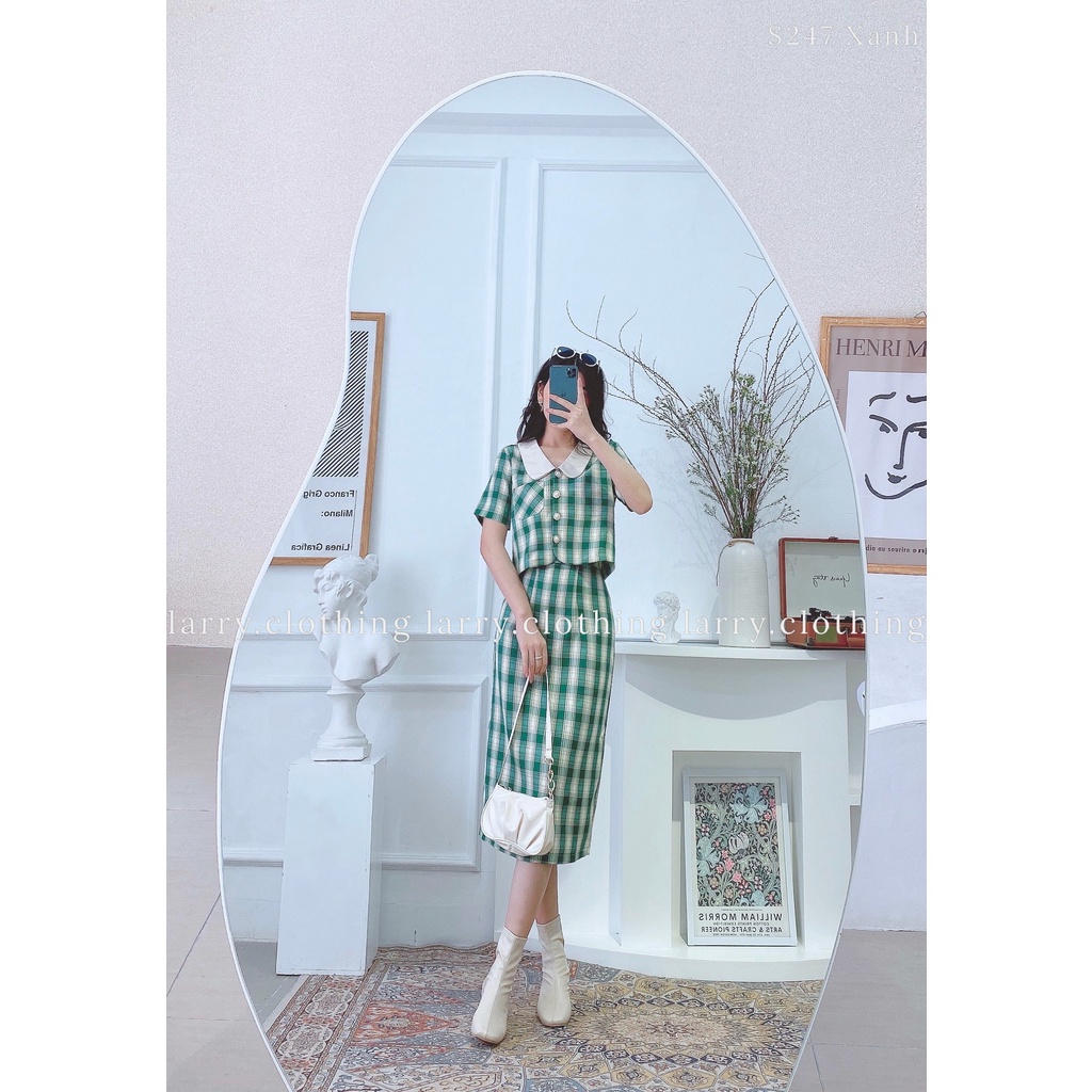 Set Áo Có Cổ Chân Váy Dài Kẻ Caro Phong Cách Hàn Quốc Đi Làm Cực Thanh Lịch S247 | BigBuy360 - bigbuy360.vn