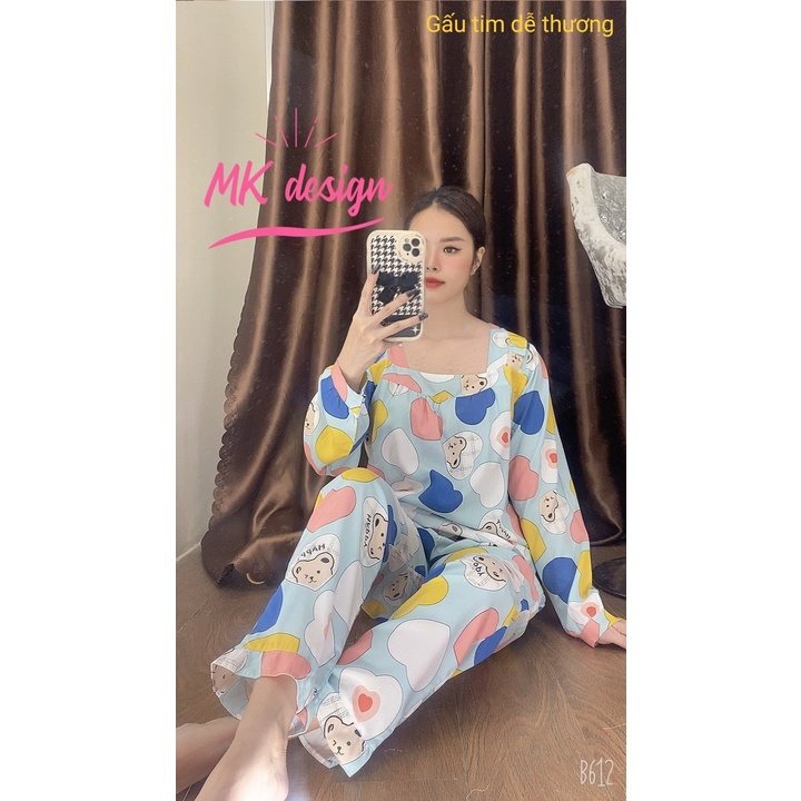 Đồ bộ tole  mặc nhà set tay dài quần dài cổ vuông phối viền ren ngực