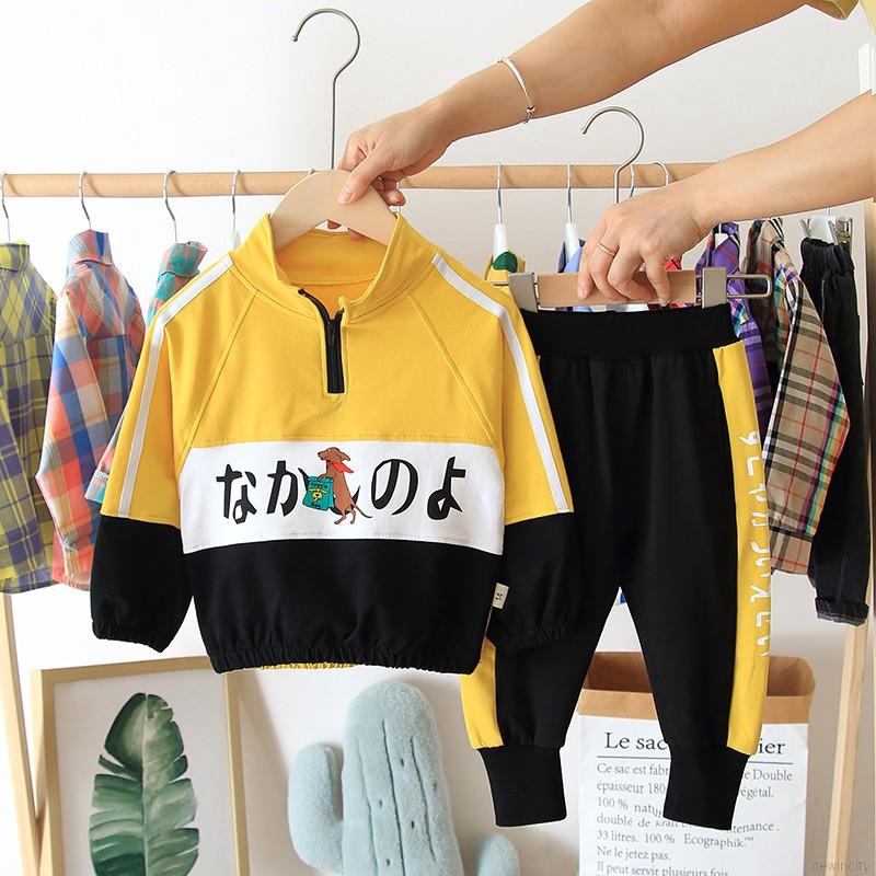 Set áo thun tay dài &amp; quần dài cho bé trai phong cách Hàn Quốc