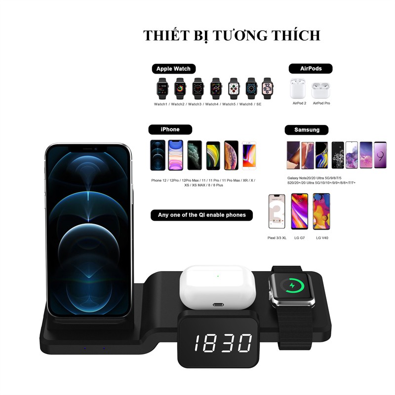 Sạc Không Dây 4 in 1 Cho iPhone Airpods-Apple Watch- Samsung- Oppo Sạc Nhanh Không Dây 15W QT