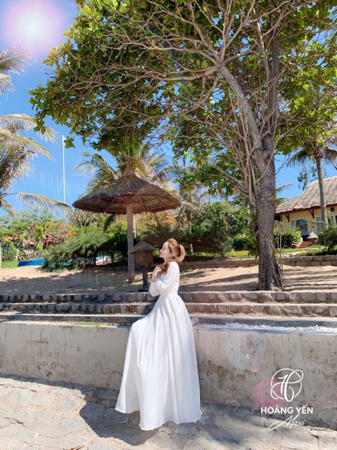 [SẴN] Maxi voan trắng đi biển tay dài cột nơ tà váy bồng xoè siêu xinh chụp ảnh siêu đẹp