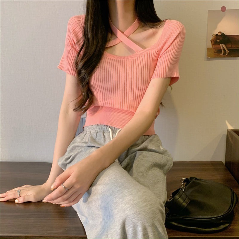Áo Thun Dệt Kim Ngắn Tay Dây Đan Chéo Lưng Thời Trang