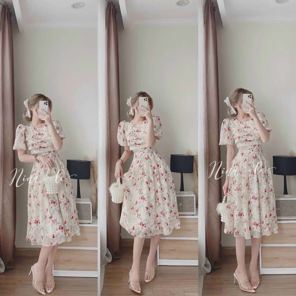 Đầm váy nữ maxi cổ tròn họa tiết hoa dễ thương phối chingfon 2 lớp trẻ trung sang trọng thanh lịch siêu xinh