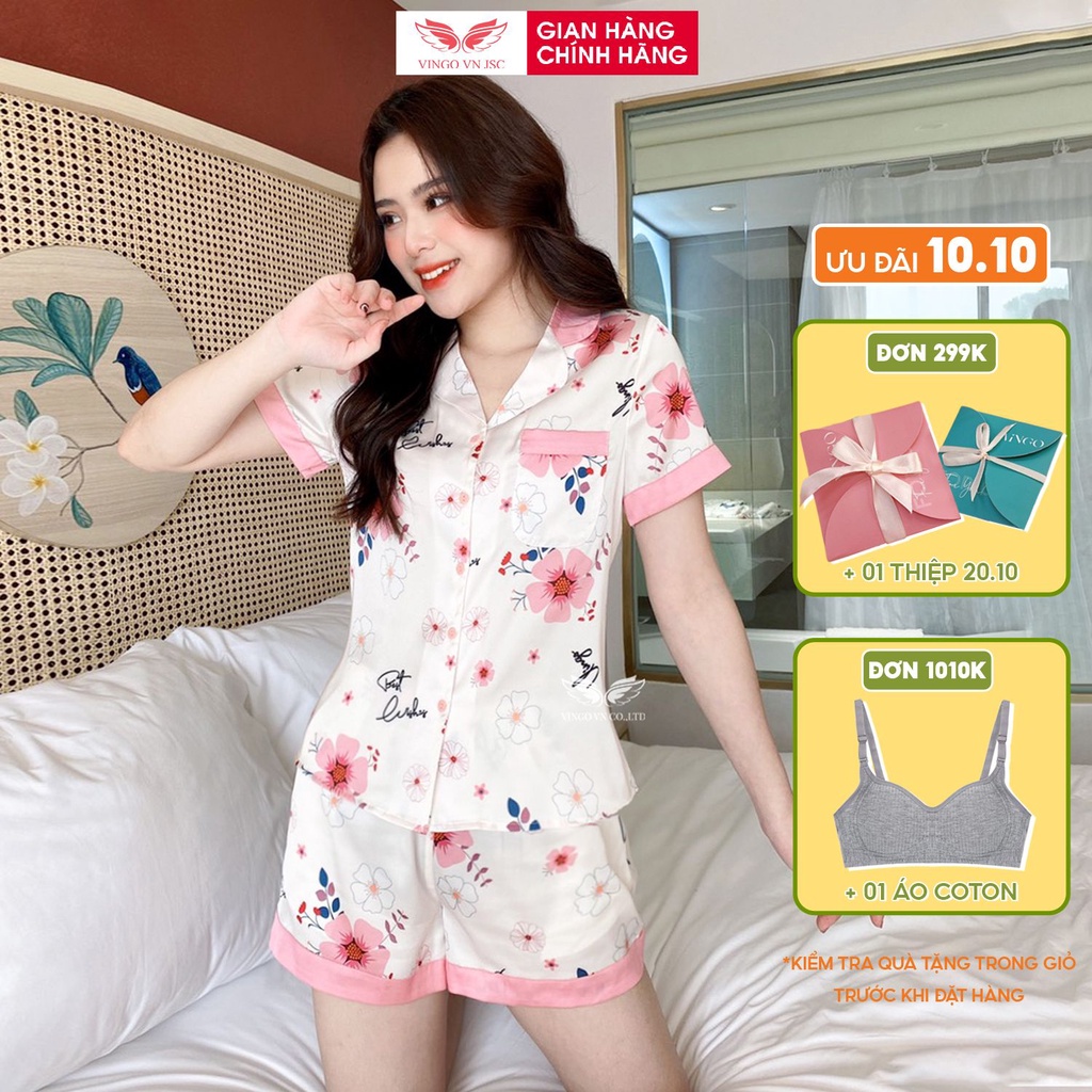 Đồ bộ nữ Pijama mặc nhà Lụa cao cấp mùa hè VINGO tay ngắn quần đùi hoa đào hồng dễ thương H738 VNGO