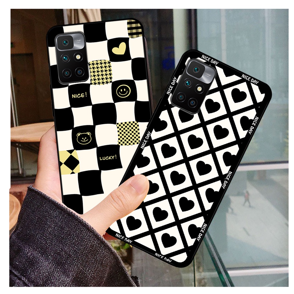 Ốp lưng Xiaomi Redmi 10 in hoạ tiết caro trái tim đen trắng, gấu bear cute đáng yêu