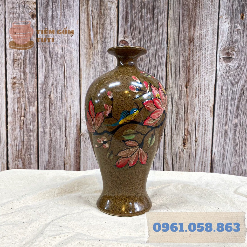 Lọ Hoa Decor, Bộ Bình Hút Lộc BÁT TRÀNG - GỐM SỨ TUTI - Men Bóng Nâu Đốm , Họa Tiết Vẽ Tay Cao 23,19,15 Cm