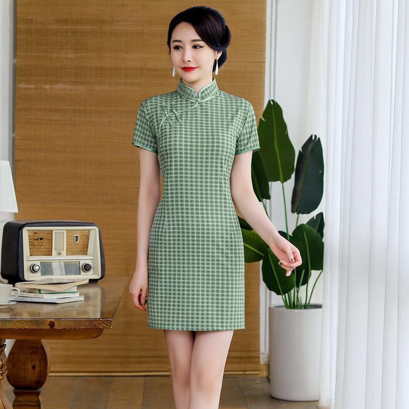 BH☂☃❧Thời trang trung niênVáy liền dáng dài niên và già, Áo sườn xám kiểu mới cho phụ nữ, kẻ sọc Quốc