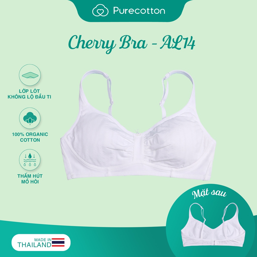 Áo lót học sinh Cherry Bra Purecotton bề mặt vải thoáng khí cho bé gái mới lớn kiểu dáng cài sau không đệm PC068