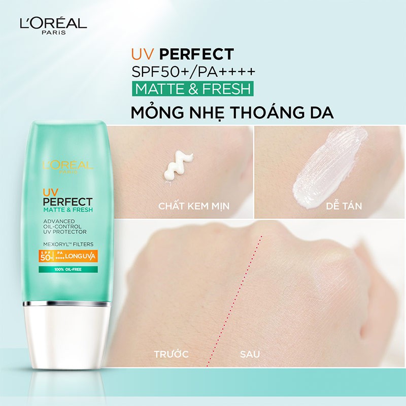 Kem Chống Nắng L'Oréal Kiềm Dầu Thoáng Mịn Da UV Perfect Matte & Fresh SPF 50+/PA++++ 15ml