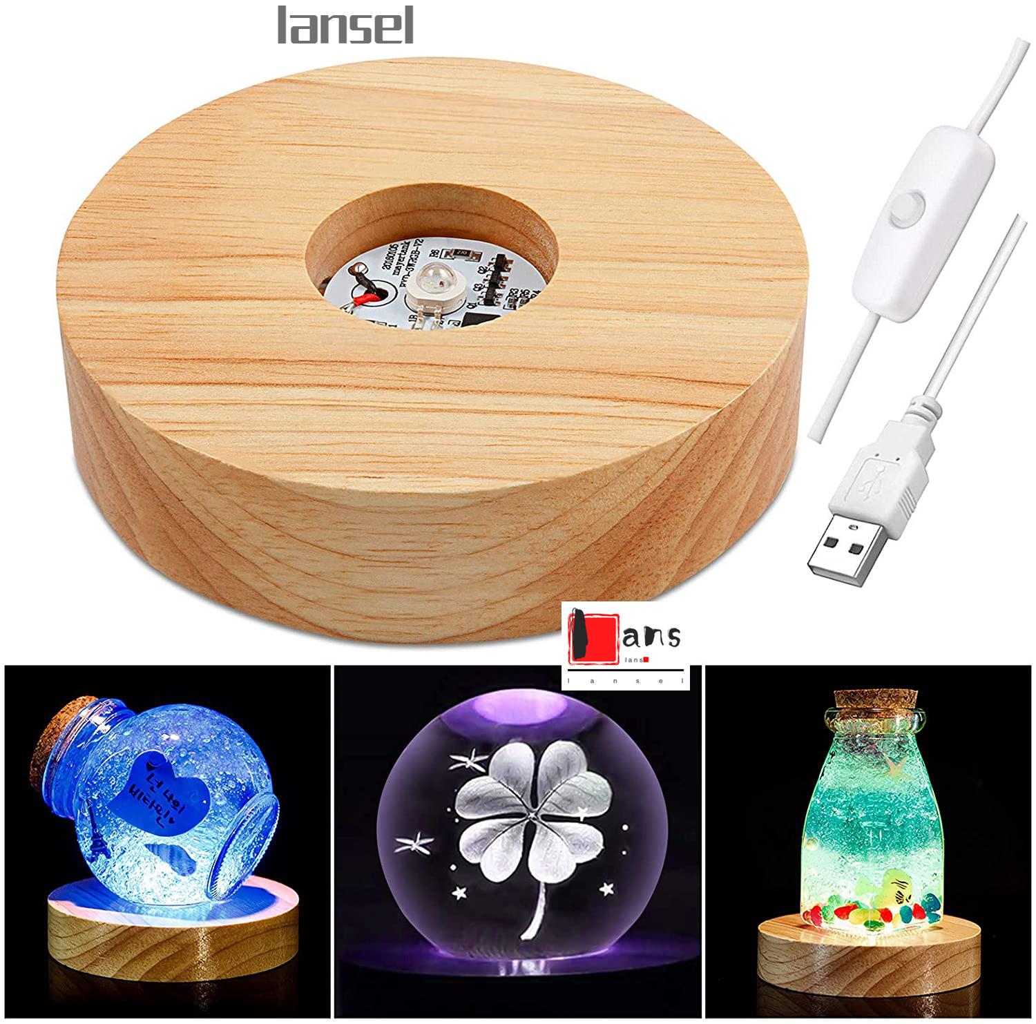 ❤LANSEL❤ Romantic Wooden Lighted Base Stand Night Light LED Lights Display Base Gift for|Ball Home Decor Round Color Changing