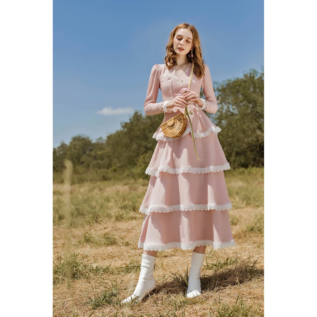 SÒ VINTAGE - LAMIE Đầm xoè nhiều tầng tay dài phối ren | BigBuy360 - bigbuy360.vn