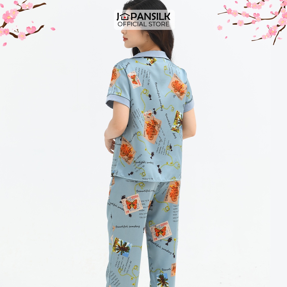 Bộ Ngủ Lụa Satin Pijama Cao Cấp JAPAN SILK Áo Cộc Quần Dài Họa Tiết Tem Thư Vintage
