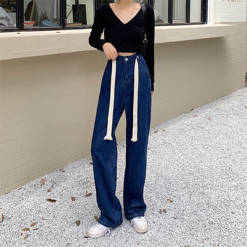 Quần jean lưng cao ống rộng thiết kế dây rút thời trang thu đông hàng mới dành cho nữ