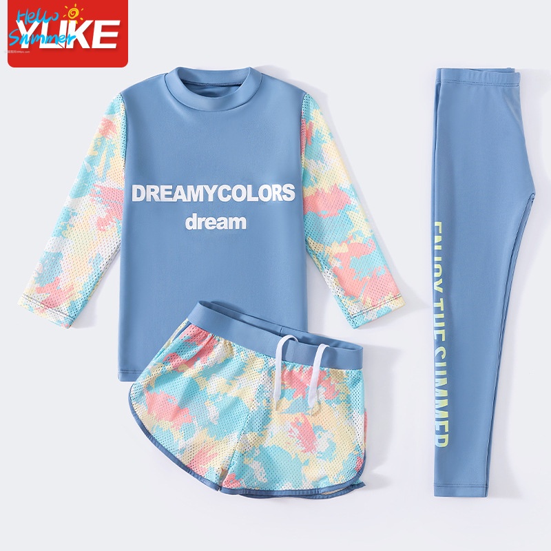 Bộ Đồ Bơi Ba Mảnh Áo Tay Dài + Quần Đùi Phong Cách Thời Trang Mới 2022 Dành Cho Bé Gái