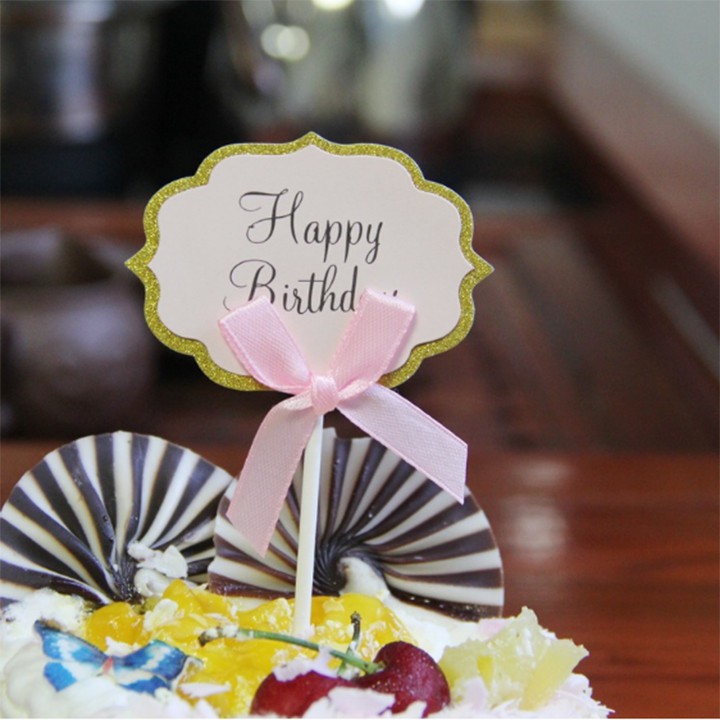 Túi 5 topper thiệp cắm Happy Birthday, hình cắm happy birthday nơ vàng, topper cake