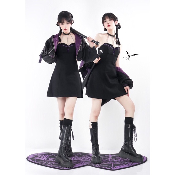 YAS0816-Set áo khoác váy den tím cá tính