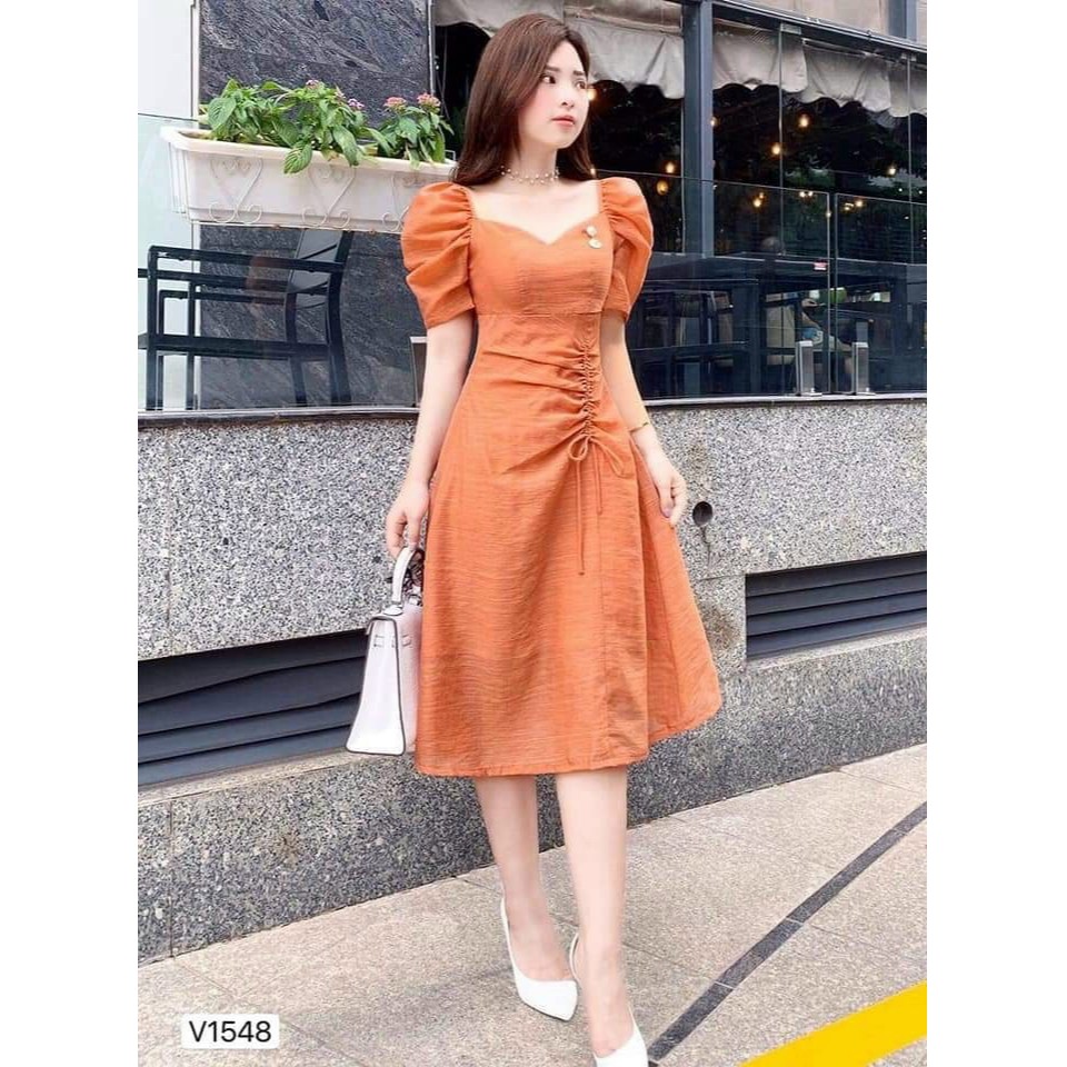 Váy đầm nữ dáng xòe rút dây vải đũi cao cấp