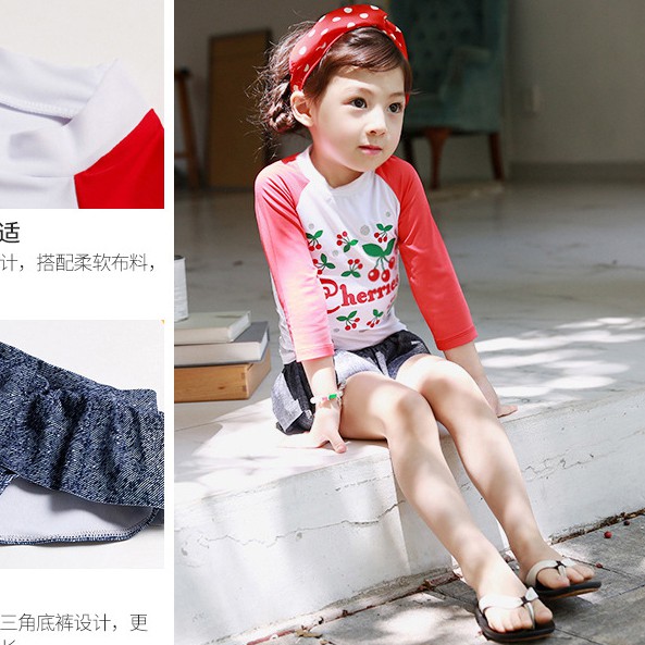 Bộ bơi dài tay bé gái họa tiết cherry đỏ siêu yêu DB04
