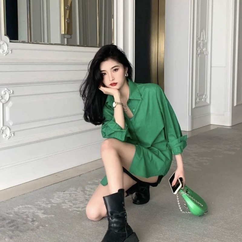 Áo Sơ Mi Mỏng Dáng Rộng Màu Xanh Lá Phong Cách Hong Kong Thời Trang Mùa Xuân Cho Nữ