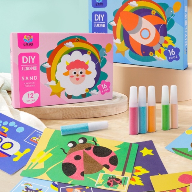 Bộ 16 tranh cát kích thước 21x14cm kèm 12 ống màu và khay hứng cát cho bé