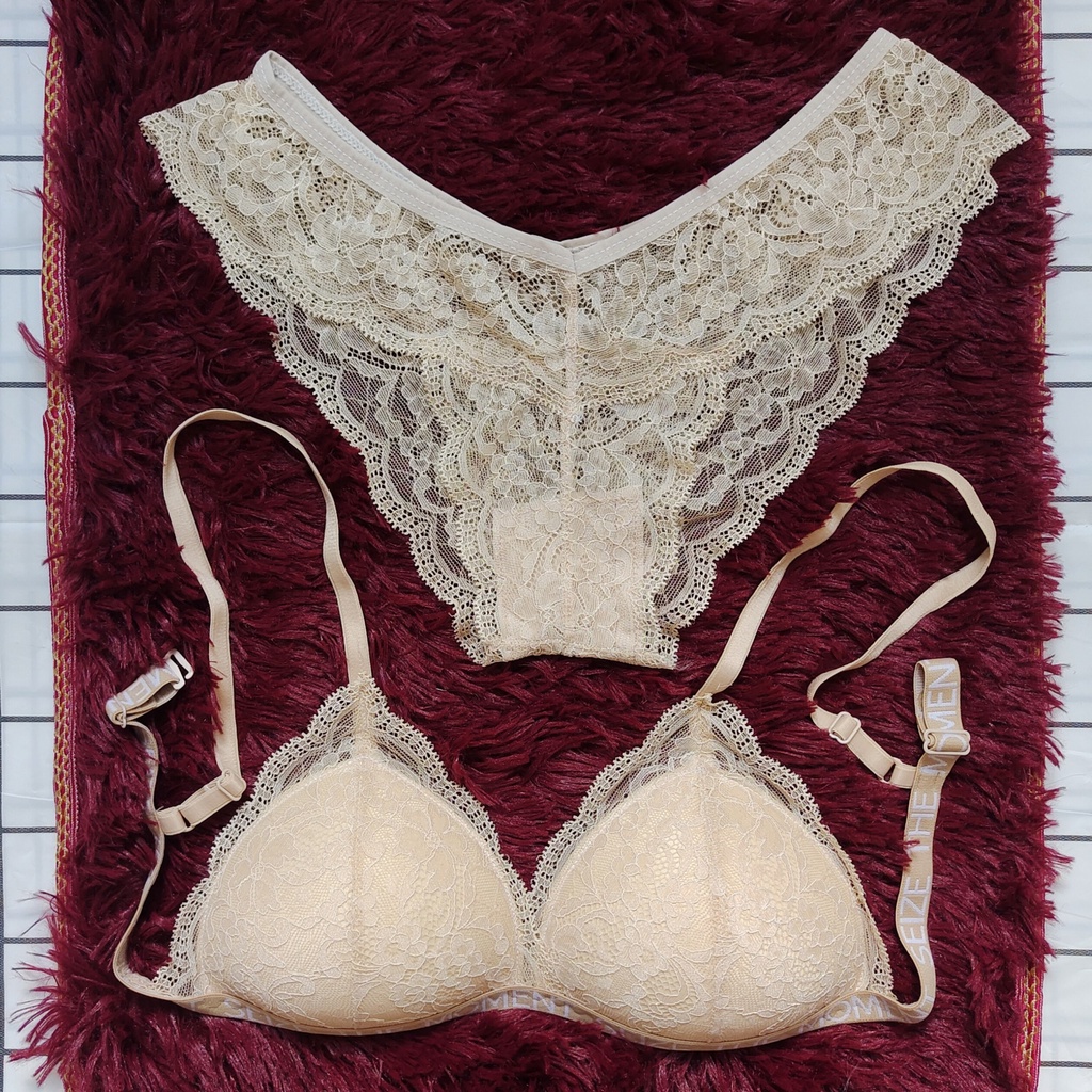 Set Bra - Bralette ren sexy không gọng, mút mỏng - Màu be viền chữ - NY38 | BigBuy360 - bigbuy360.vn