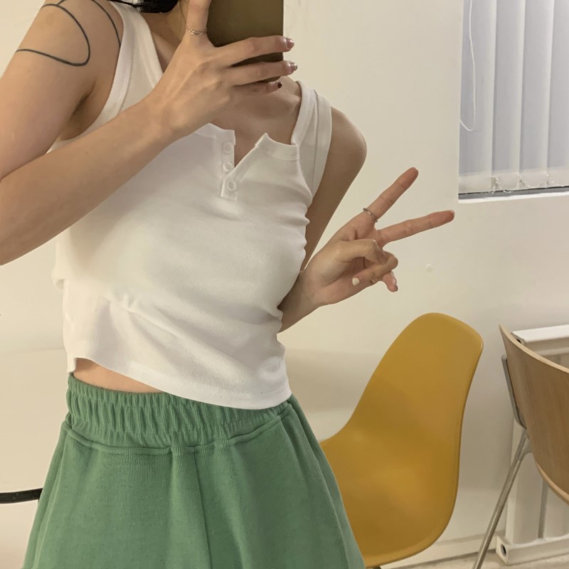 Áo croptop sát nách gài cúc Yinxx, áo ba lỗ nữ kiểu ôm borip cotton 100% CRT53