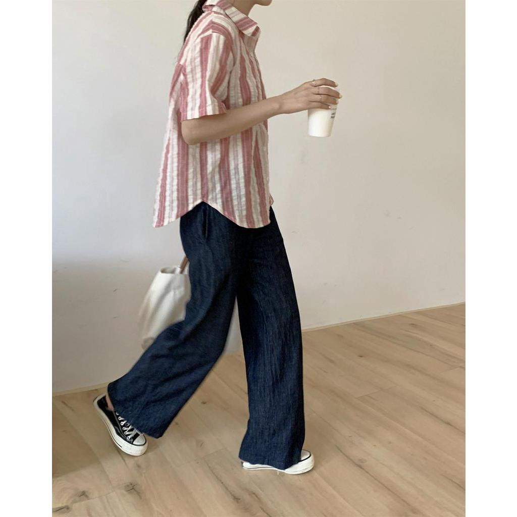 Áo Sơ Mi Cotton Lanh Kẻ Sọc Ngắn Tay Thời Trang Hè Hàn Quốc Sành Điệu 62164