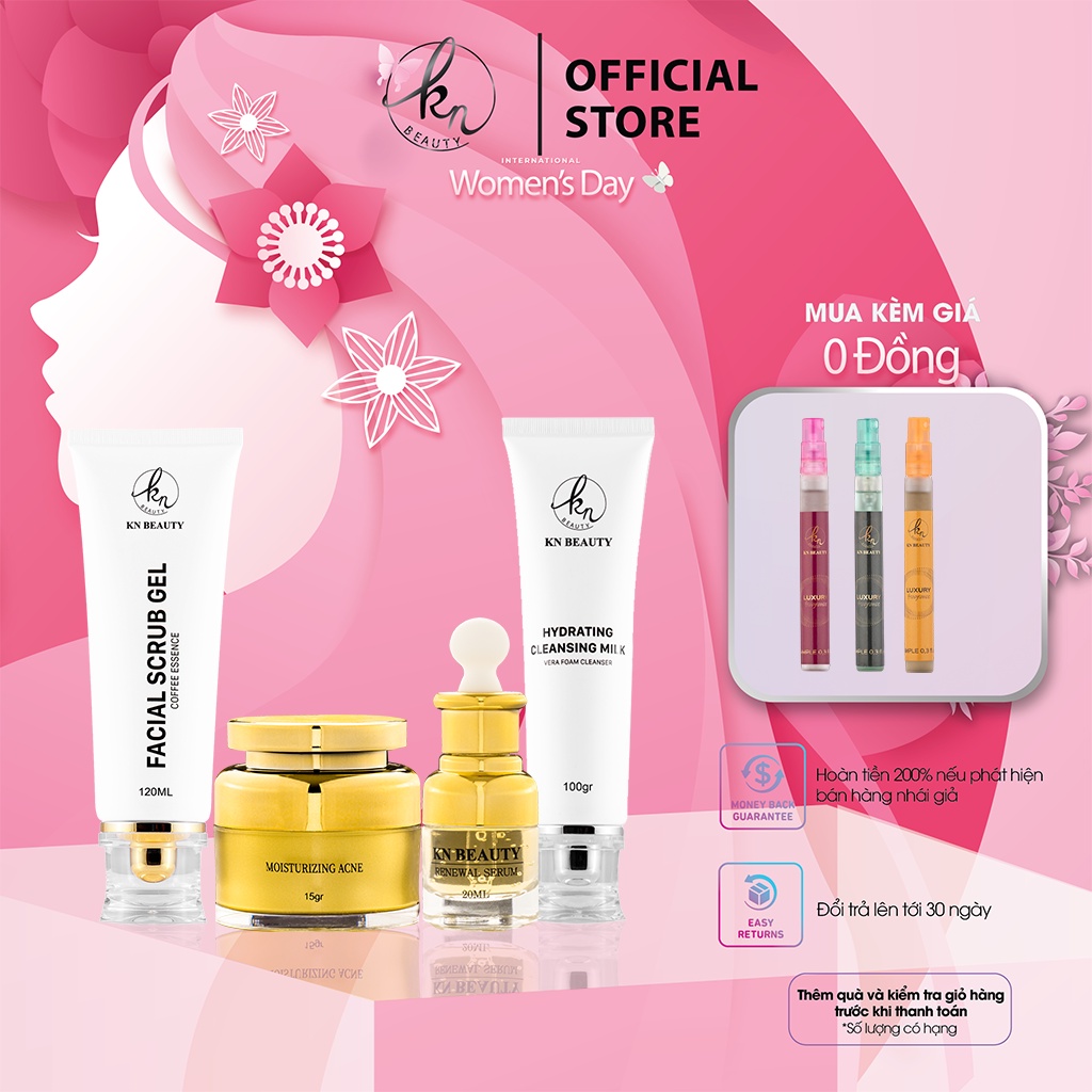 Bộ 4 sản phẩm Trắng Da Ngừa Mụn KN Beauty Kem dưỡng+Serum+Tẩy tế bào chết+ sữa rửa mặt