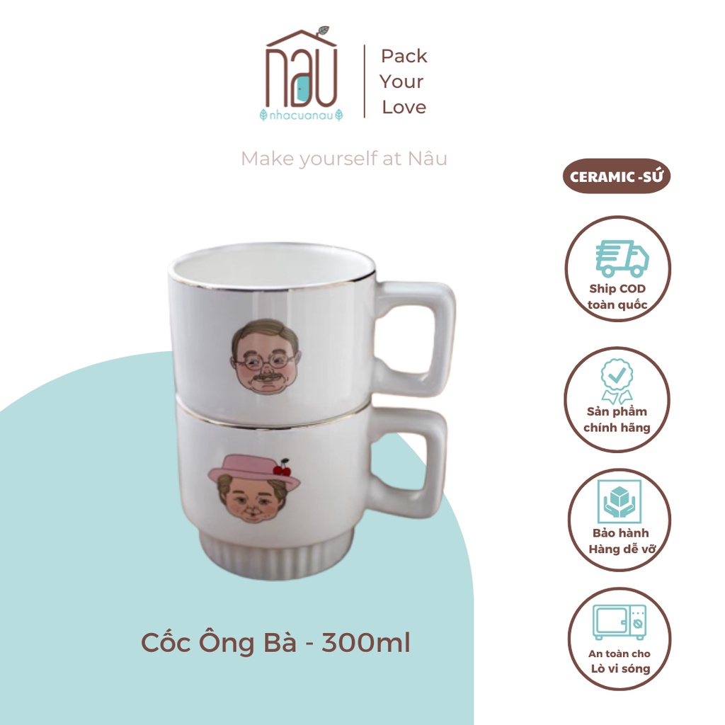 CỐC ĐÔI Cốc sứ thiết kế hình Ông Bà phù hợp làm quà cưới, tặng kỉ niệm, quà valentine uống trà, cafe Nhà của Nâu