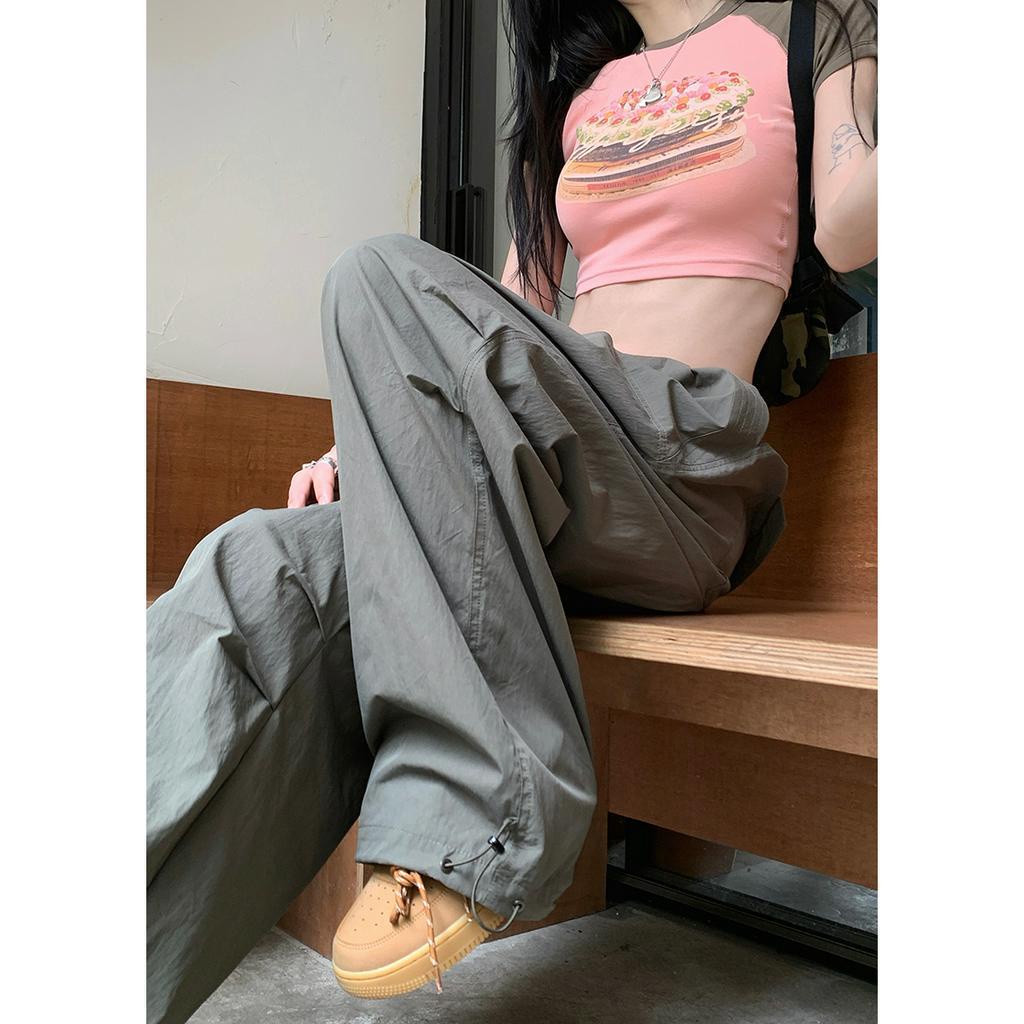 Áo Thun Ngắn Mỏng Dáng Rộng Thiết Kế Dây Rút Phong Cách retro Mỹ Cho Nữ