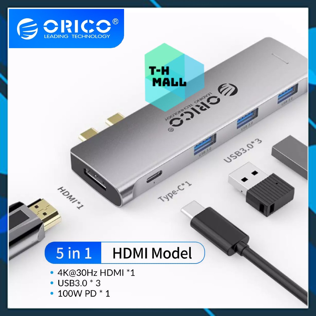 Bộ Hub chuyển đổi chia cổng 5 trong 1 Orico USB type C kép sang HDMI USB 3.0 dành cho Macbook Pro