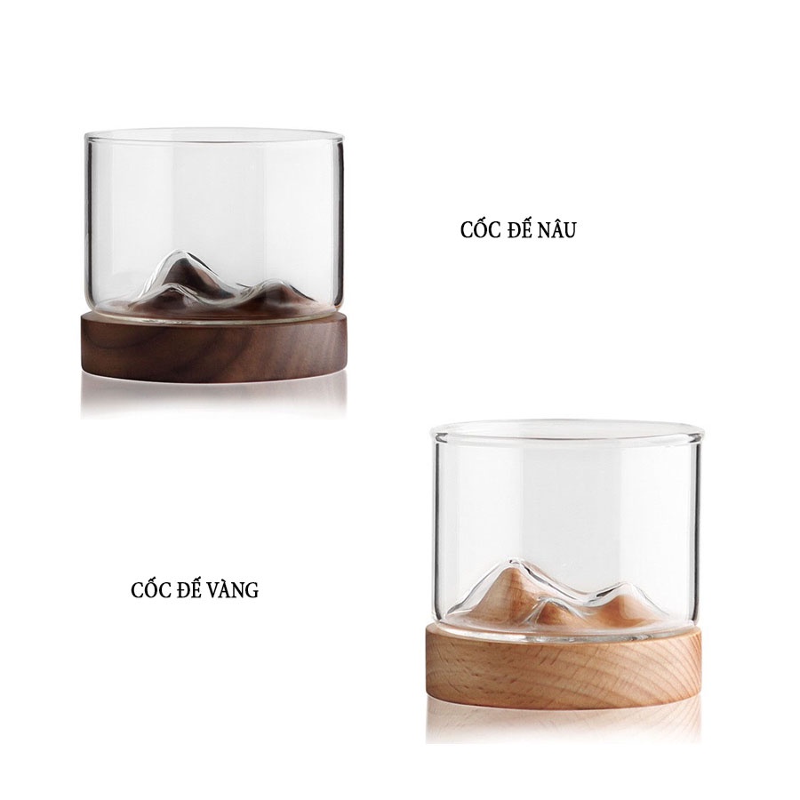 Cốc uống nước cafe hình ngọn núi bằng thủy tinh trong suốt đế gỗ cực chill trang trí góc làm việc Ráp
