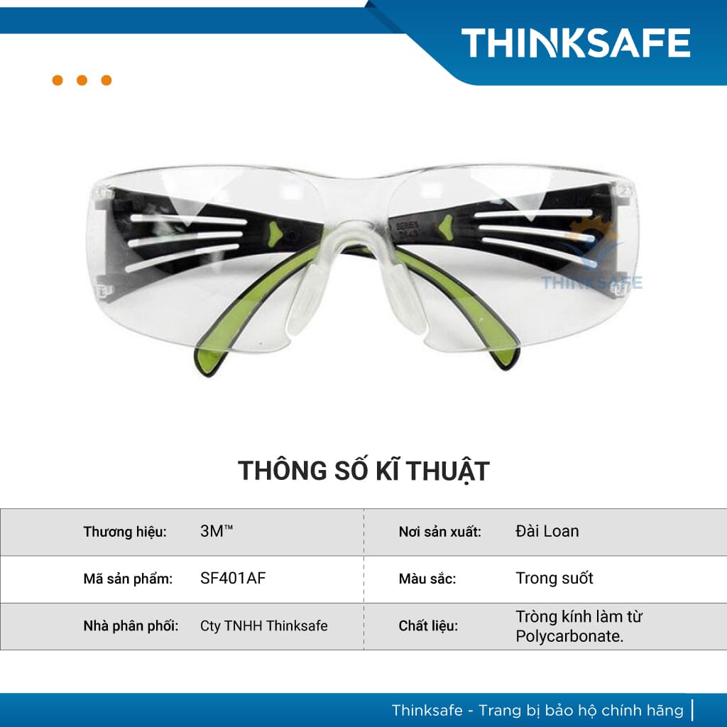 Kính bảo hộ cao cấp 3M SF401AF chống bụi / chống tia uv / chống mờ sương Kính chống bụi 3M - THINKSAFE