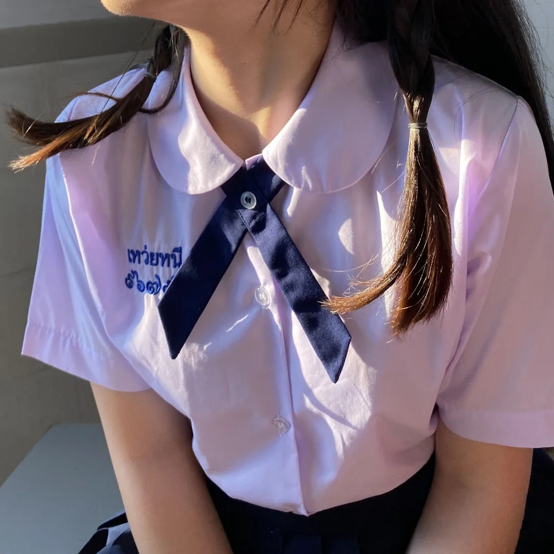 Thailand School Uniform round NeckjkUniform Student Light Purple Short-Sleeved Shirt First Love Xiaoshui Same Style Shirt College Style Female【5Month12Day After】