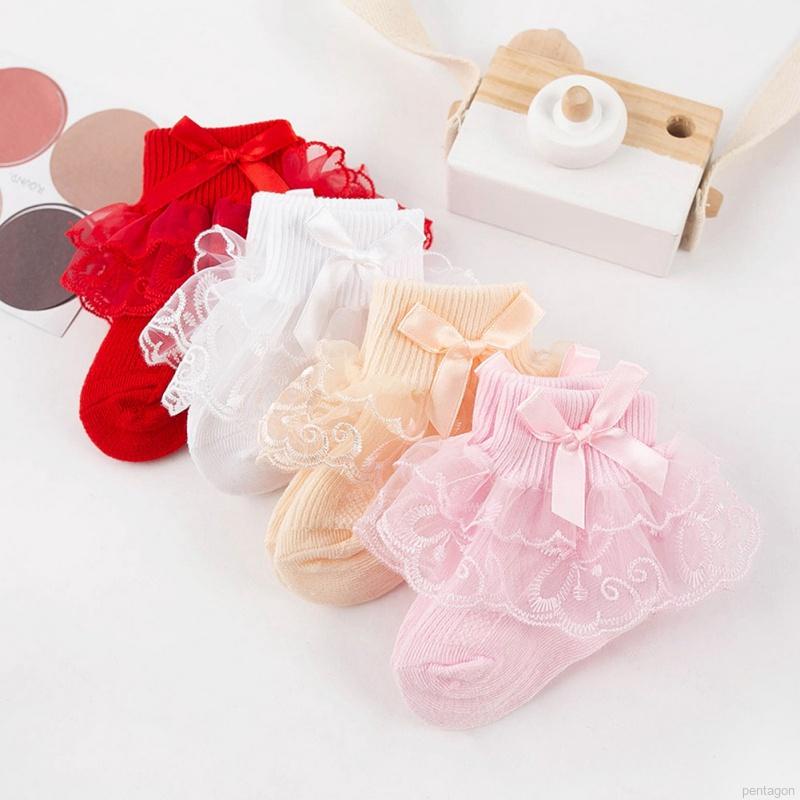 Tất cotton phối ren hoa đính nơ cho bé gái sơ sinh từ 0-1 tuổi